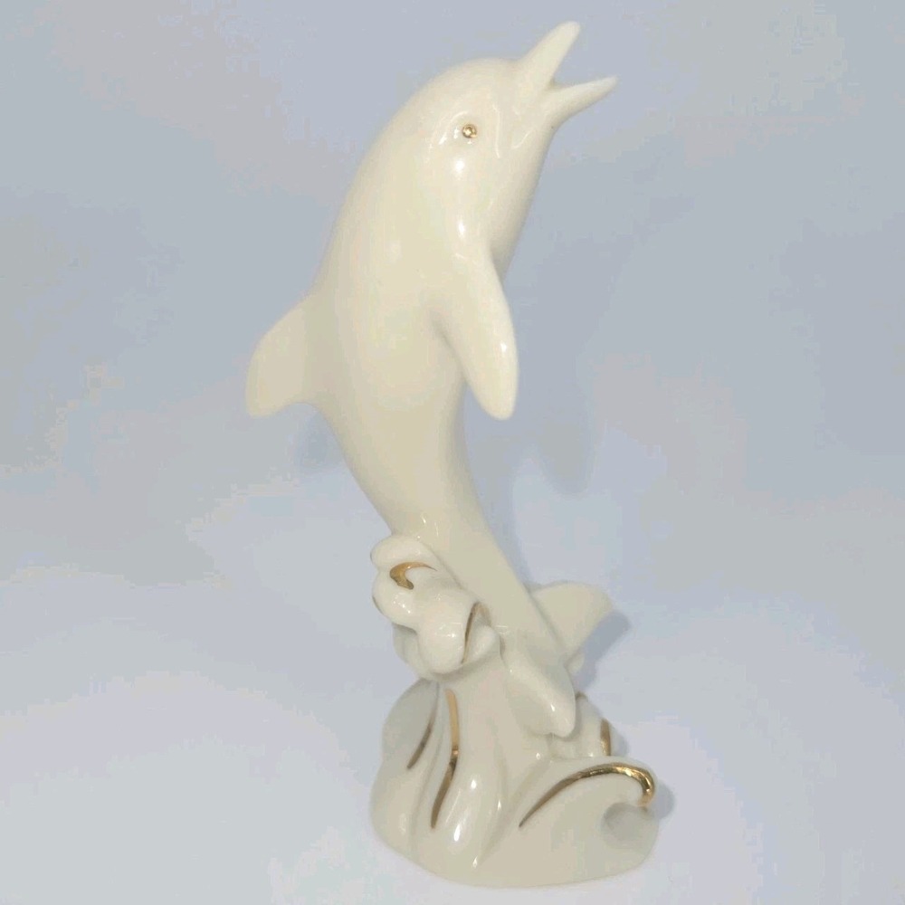 Lenox Dolphin Figurine Ivory Porcelain 24K Gold Accents 4" Jumping Wave Nautical
